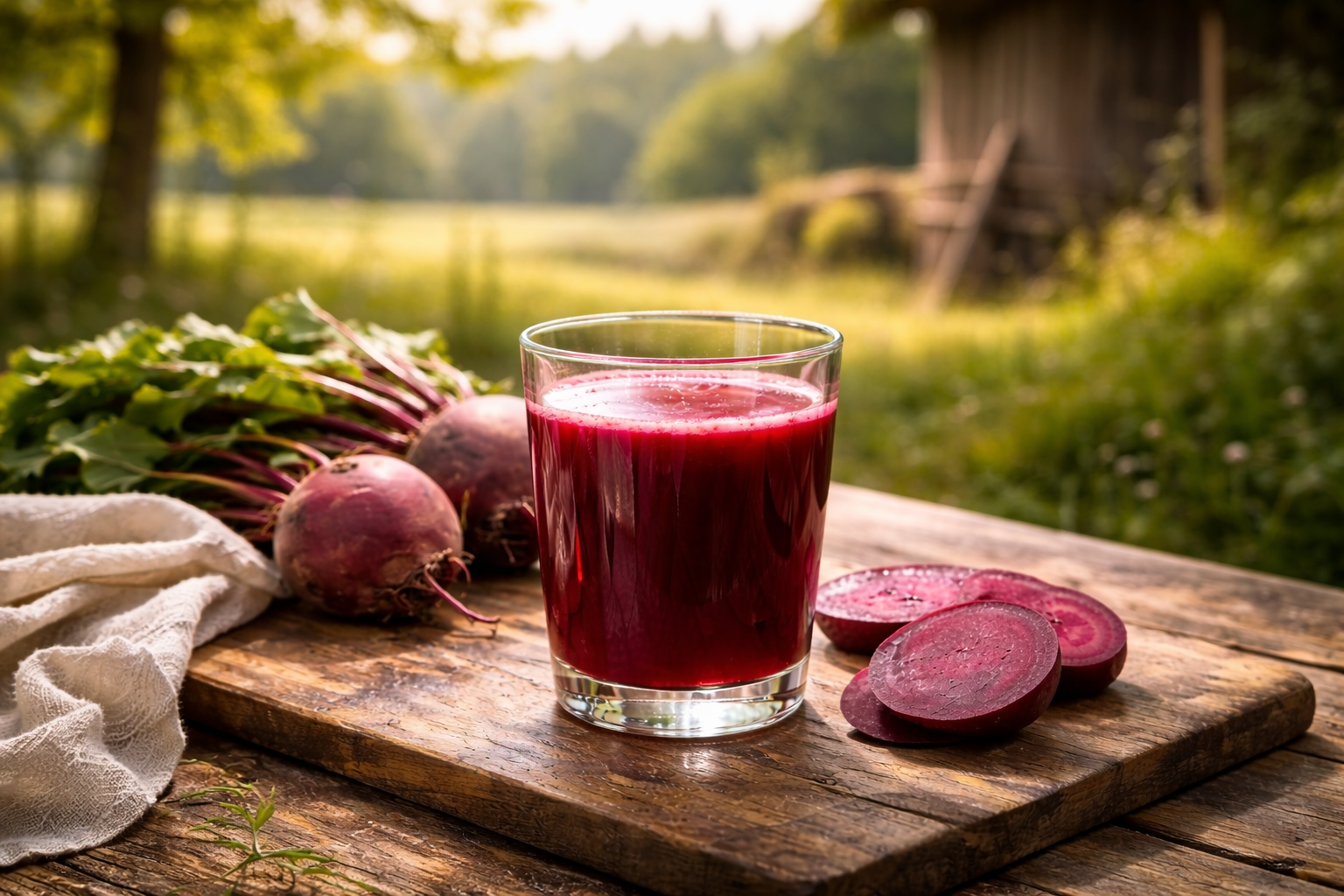 Fresh beetroot and beetroot juice in countryside setting supporting natural blood circulation