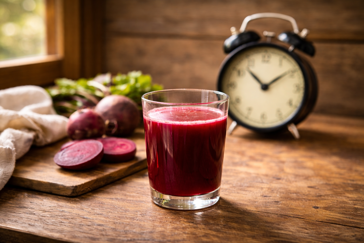 Beetroot juice on wooden table with subtle clock in background representing nitric oxide peak timing