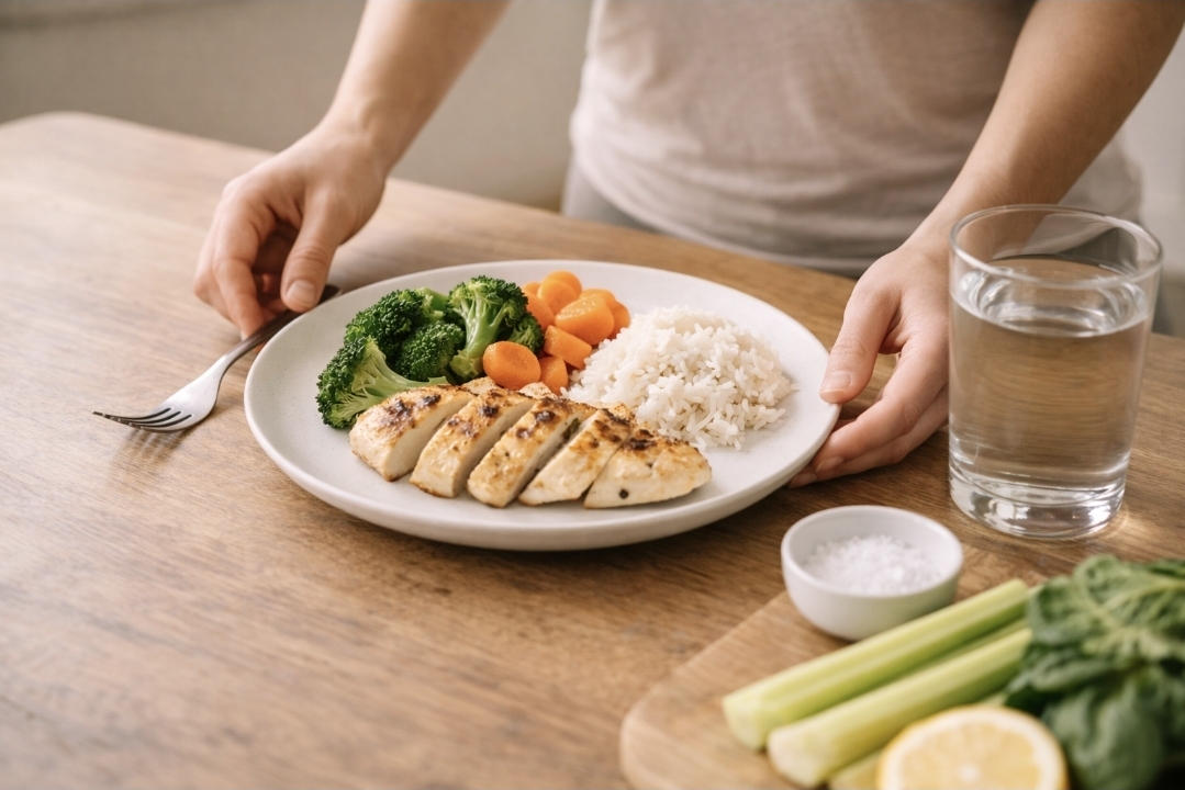 Breaking a juice fast: first meal plate Simple refeed plate with lean protein, vegetables, rice, and water with salt nearby