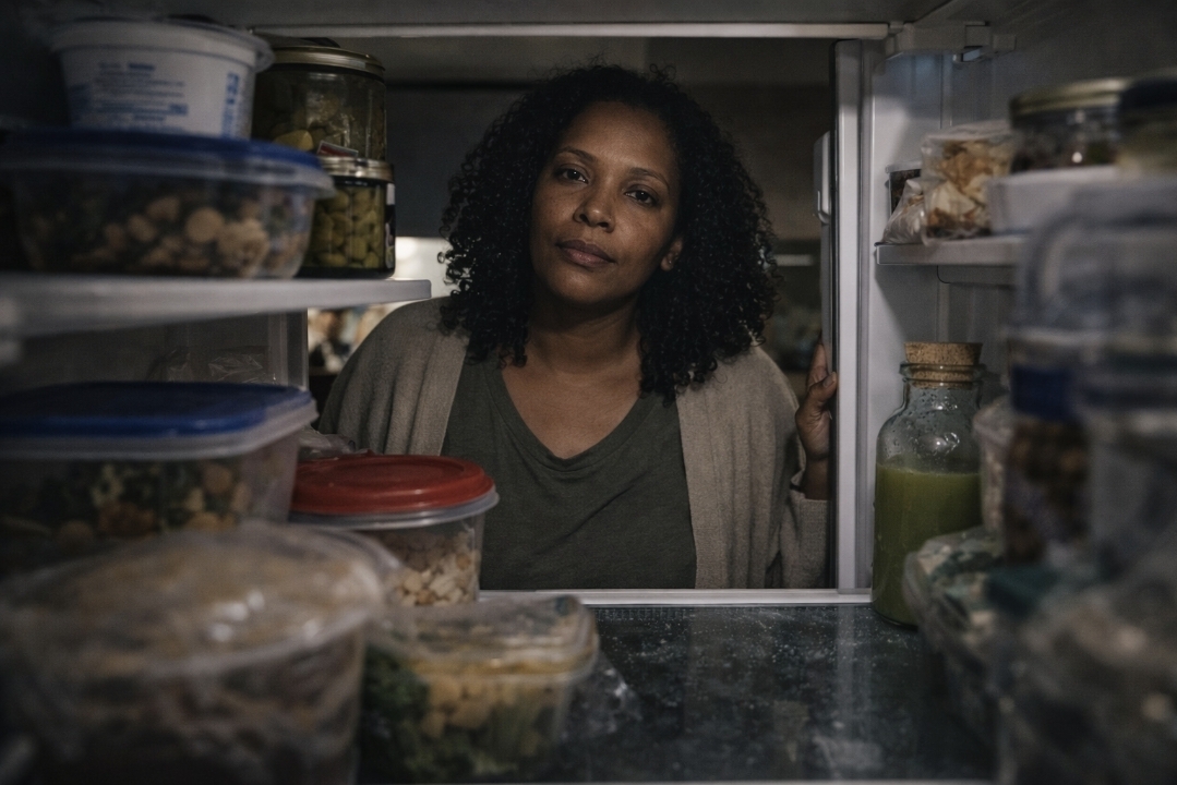 Woman looking into an open fridge at night with a bottle of green juice during a juice fast