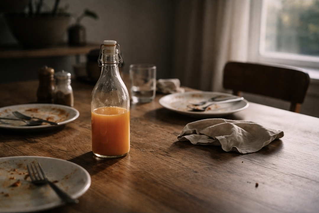 Partially cleared dining table with a bottle of orange juice after a meal during a juice fast