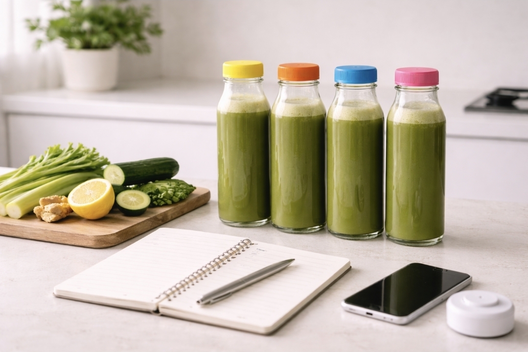 Daily juice schedule bottles Four bottled green juices lined up on a counter with vegetables and a notebook
