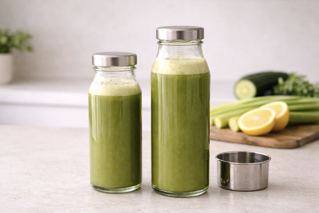 Two glass bottles of green juice beside a metal measuring cup on a kitchen counter.