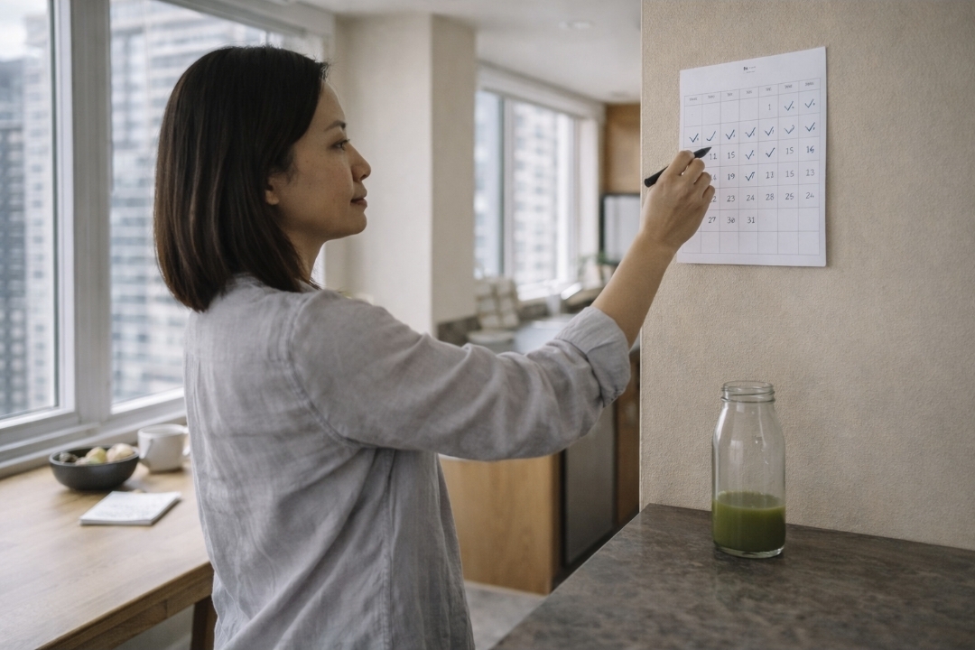 Consistency and performance focus during juice fasting Asian woman in her mid-30s standing in a high-rise condo kitchen looking at a wall calendar with subtle check marks; a quarter-full bottle of deep green juice rests on the counter.
