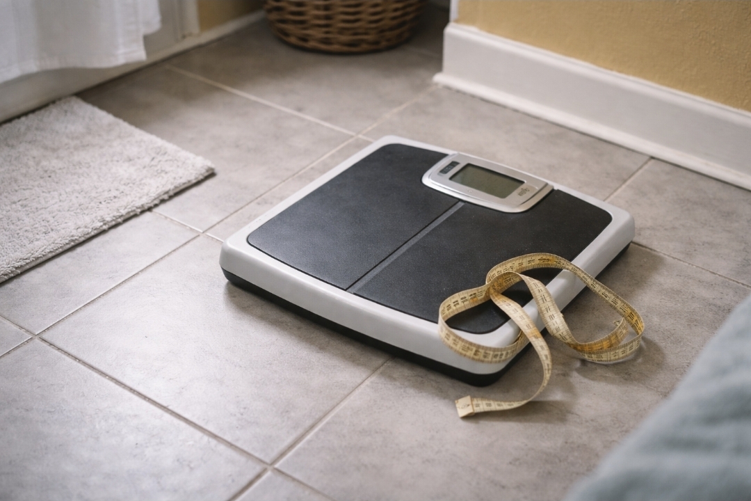 Interpreting early juice fast weight loss on the scale Neutral bathroom scale and folded measuring tape on a light gray tile floor in a small rental bathroom, lit by soft daylight; no numbers are visible.