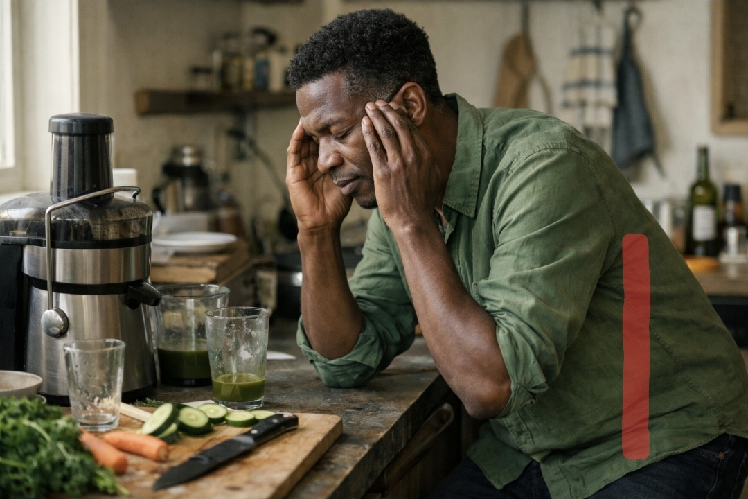 tired man leaning on a kitchen counter with eyes closed and fingers pressed to his temples, juicer and vegetables in a slightly cluttered kitchen