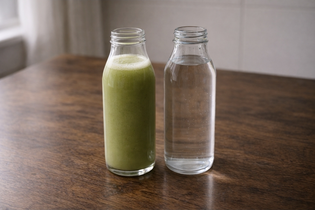 Juice fast vs water fast: liquid intake comparison Two clear bottles on a wooden table: one green juice and one water