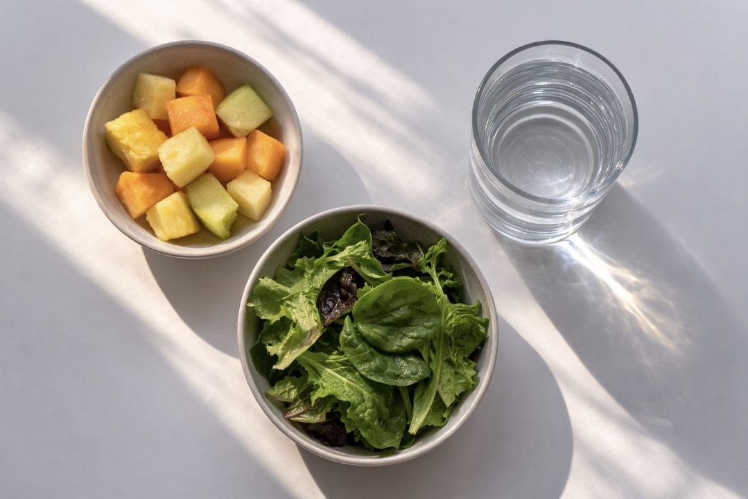 Low-sugar ingredients vs water: fasting fuel choices Bowls of leafy greens and cubed fruit beside a glass of water