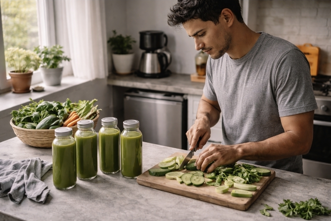 person preparing fresh vegetables on a cutting board for juicing